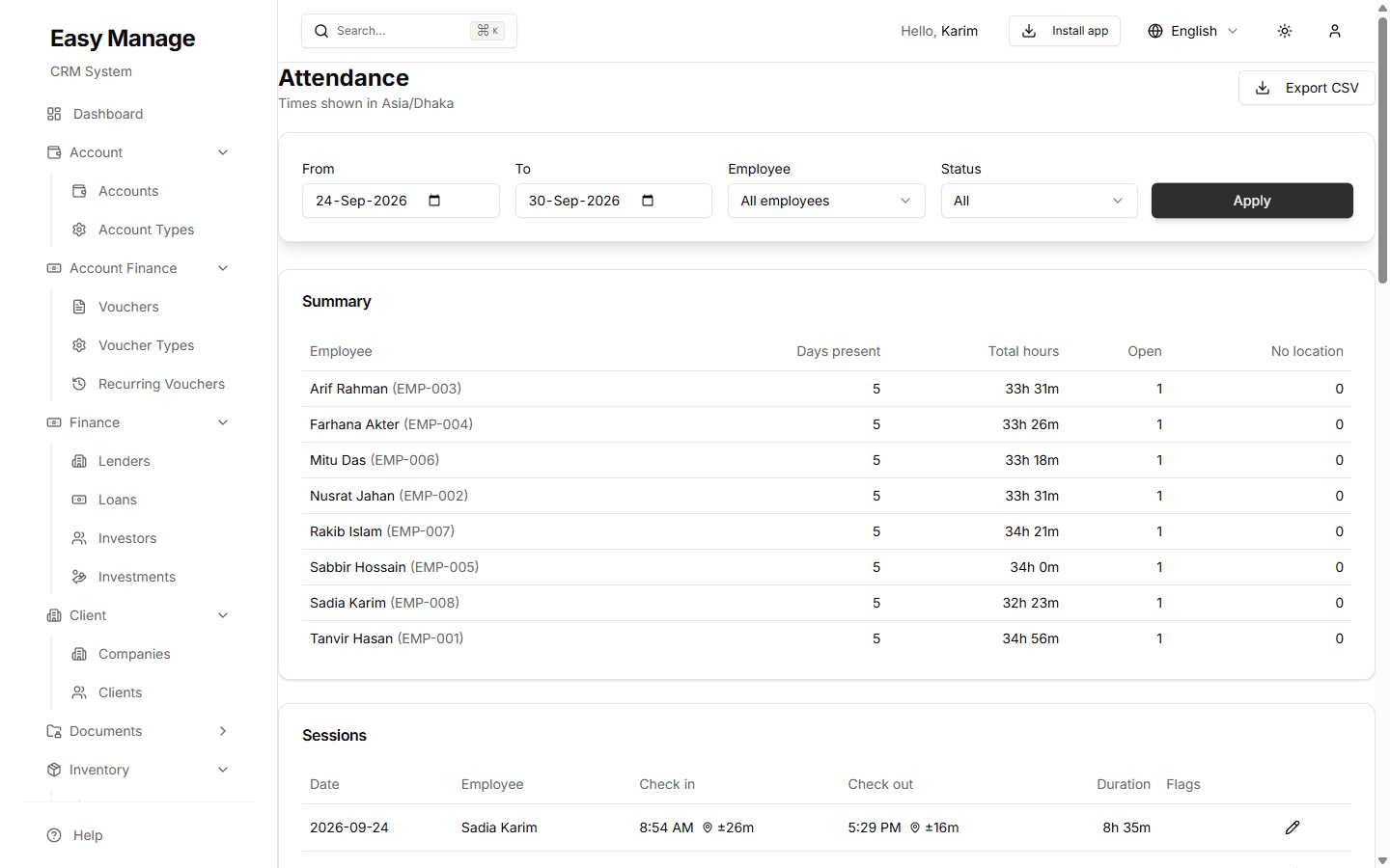 Attendance report listing days present and total hours for each employee