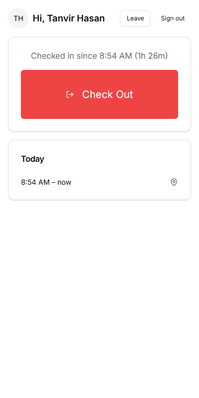 EasyManage attendance screen on a phone, with a large Check Out button