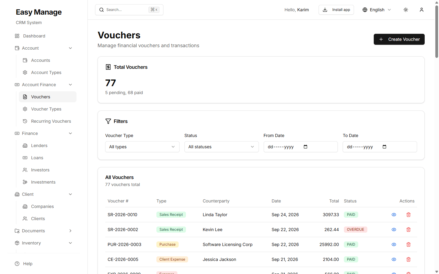EasyManage vouchers list with sales receipts, purchases and expenses
